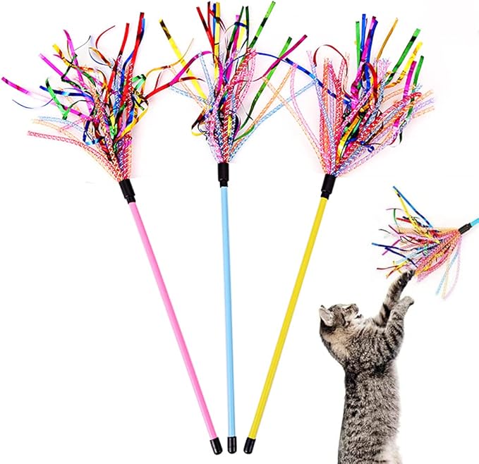 IUHKBH Cat Wands, 3 PCS Durable Teaser Wands with Mylar Strips Interactive Cat Toy Kitten Stick for Indoor Having Fun Exerciser Playing