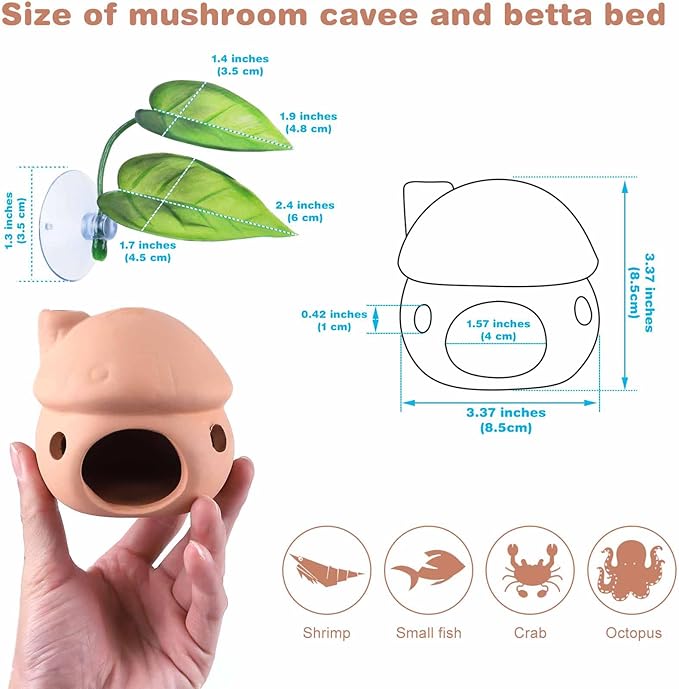 Betta Fish Tank Accessories,Pleco Caves for Aquarium,Fish Aquarium Decoration,Smalland Shrimp Breeding Cave Don't Contain Paint,Natural Ceramics Mushroom House
