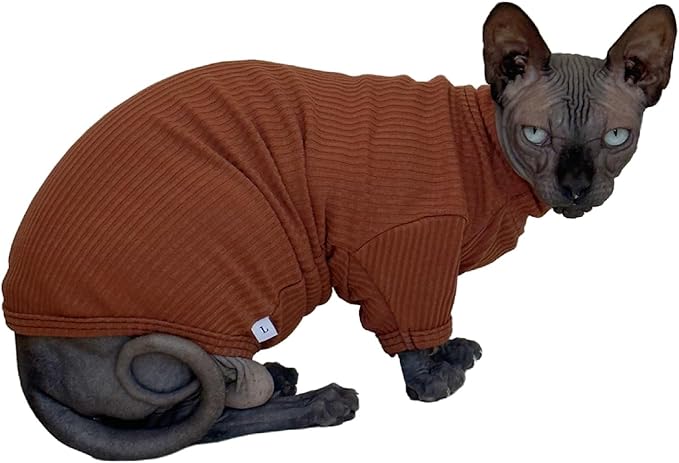 Kitipcoo Sphynx Hairless Cats Shirt Cotton Cat Turtleneck Sweater Pullover Kitten T-Shirts with Sleeves Cat Pajamas Jumpsuit for Sphynx Cornish Rex, Devon Rex, Peterbald (Coffee, Small)