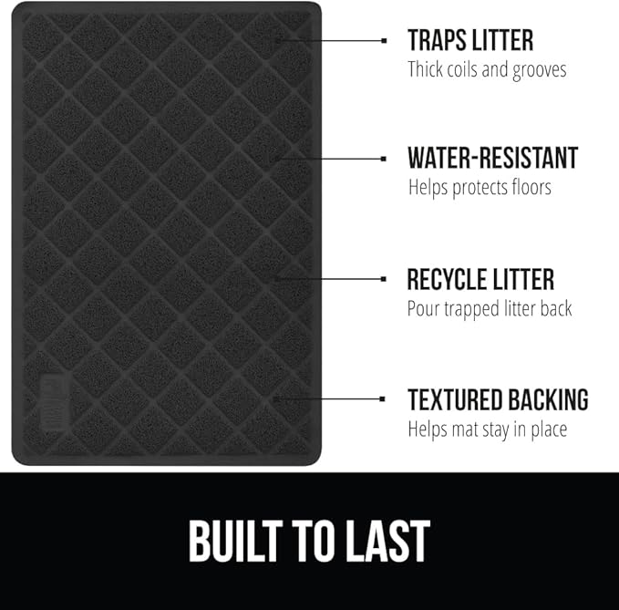 GORILLA GRIP Cat Litter Box Mat, 47x35, Water Resistant, US Designed Kitty Litter Trapping Mats, Easy to Clean, Scatter Control, Less Mess and Clean Floors, Kitten Supplies for Indoor Cats, Black