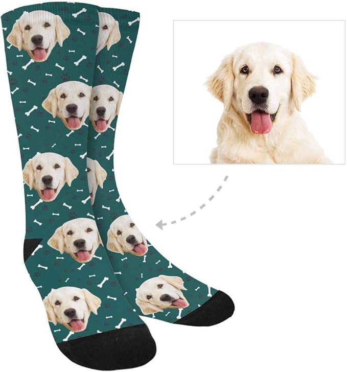 MyPupSocks Custom Personalized Photo Pet Face Socks, Cat and Dog Tracks Paws Bones Crew Socks with Picture for Men Women