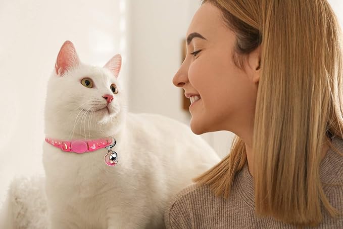 Baeuppit 2PCS Breakaway Cat Collars with Bell Moons Stars Cute Kitty Adjustable Safe Kitten Collars with Pendant Glow in The Dark(Pink&Teal)