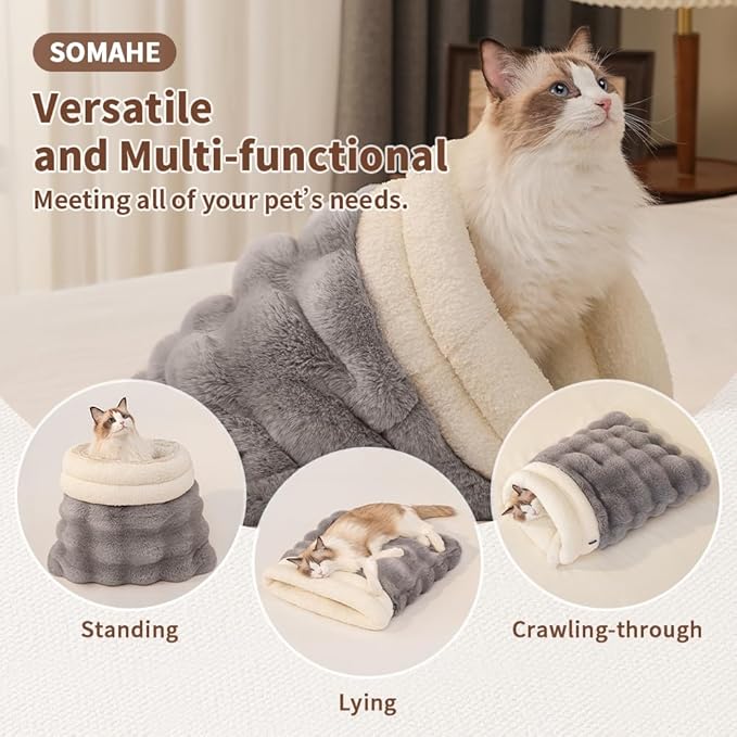 Self-Warming Cat Sleeping Bag, Enclosed Hooded Snuggle Sack with Dual-Side Plush Cat Cave Bed, Portable Foldable Pet Sleeping Pod for Indoor & Travel, Anti-Static, 21.7"x17.7"Green