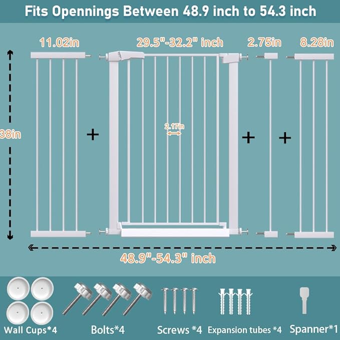 Fairy Baby 38" Extra Tall Baby Gate, 48.9"-54.3" Extra Wide Large Pet Gate, Metal Auto Close Child Gate Indoor, Pressure Mounted Dog Gate Safety Barrier Fence for Stairs Doorways No Climb, White