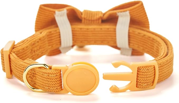 Soft Corduroy Cat Collar with Bell and Bowtie, Safety Breakaway Clasp, Adjustable for Kitten and Cats Orange Color.