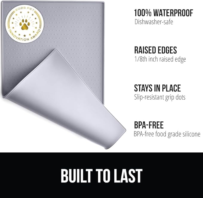 GORILLA GRIP 100% Waterproof Raised Edge BPA Free Silicone Pet Feeding Mat, Dog Cat Food Mats Contain Spills Protects Floors, Placemats for Cats, Dogs Water Bowl, Pets Accessories 32x24 Light Gray