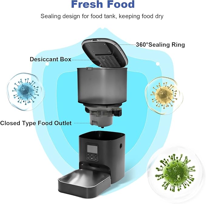 Automatic Cat Feeder, Cat Food Dispenser with 10s Voice Recorder, Pet Feeder up to 8 Meals per Day, Timed Feeder with Dry Food Sealed Ring (Black, 4L)