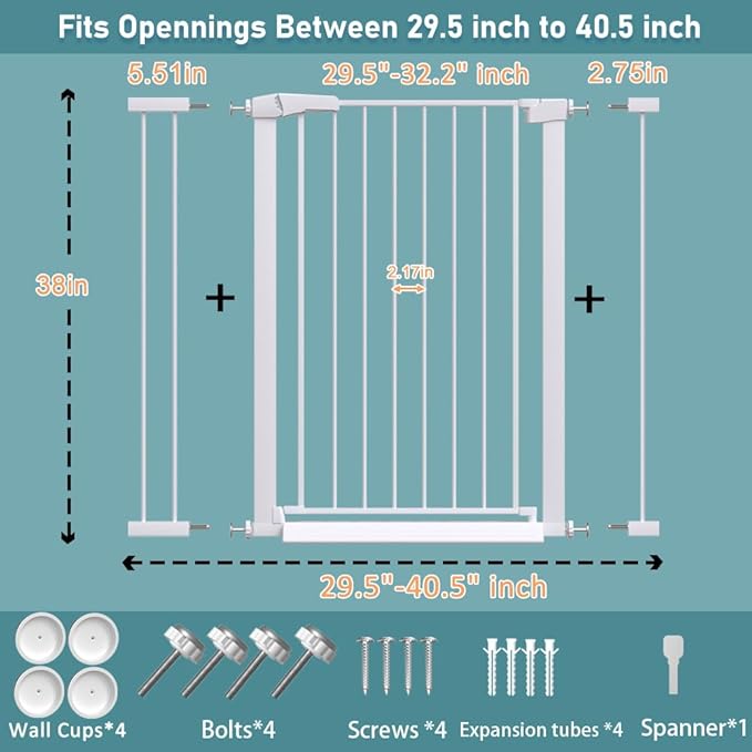 Fairy Baby 38" Extra Tall Baby Gate, 29.5"-40.5" Extra Wide Pet Gate for Dogs Puppy, Metal Auto Close Safety Child Gate for Stairs Doorways, Easy Install Pressure Mounted Dog Gate Indoor, White