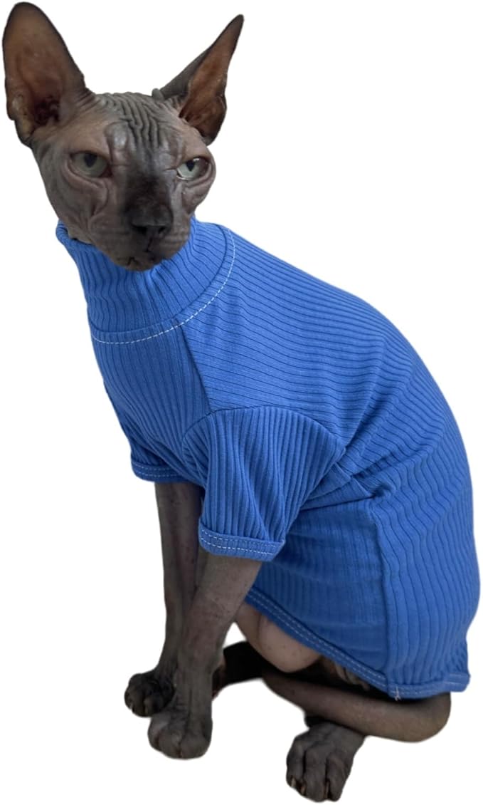 Sphynx Cats Shirt Cat Turtleneck Cotton Sweater Pullover Kitten T-Shirts with Sleeves Cat Pajamas Jumpsuit for Sphynx Cornish Rex, Devon Rex, Peterbald (Medium (Pack of 1), Deep Blue)