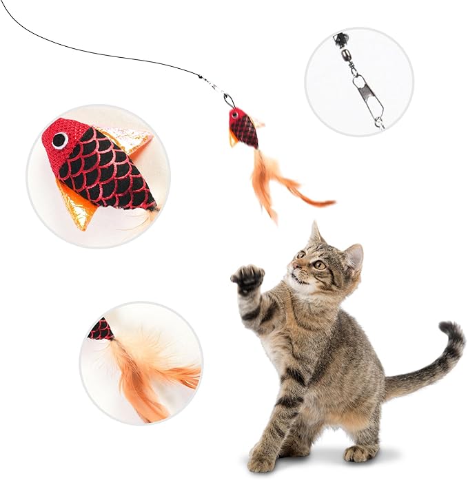 Cat Toys Interactive for Indoor Cats Wand Retractable Fishing Pole with Fish and Feather,Teaser Kitten Toy Bored Adult Pet for Enrichment Playtime Fun,Promotes Healthy Exercise