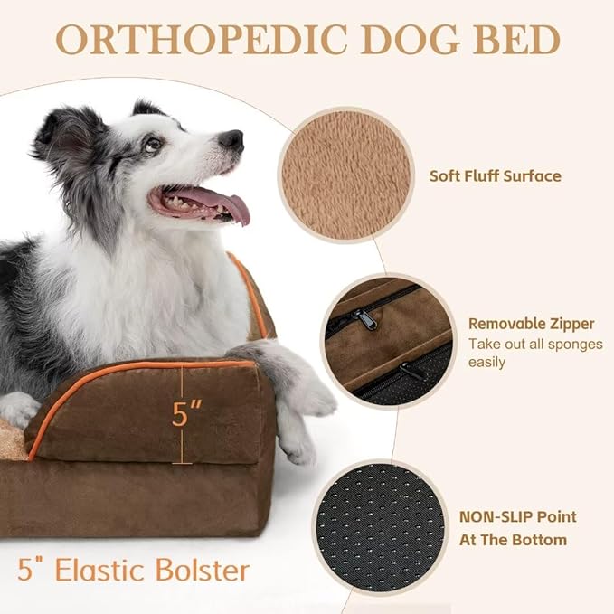 Comfort Expression Orthopedic Dog Bed for Extra Large Dogs 45x35 Inch, Waterproof Supportive Memory Foam XL Pet Bed with Removable Bolster, Dog Couch with Washable Cover & Non-Slip Bottom, Khaki Brown