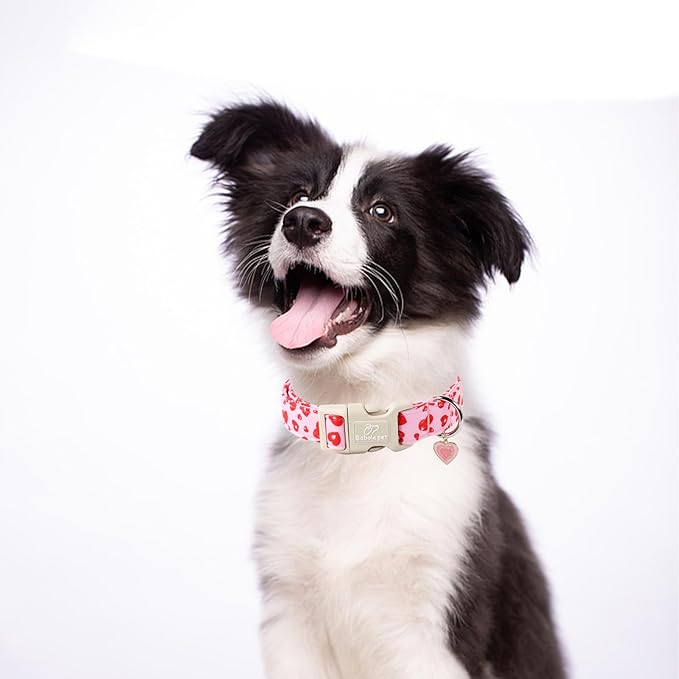 Valentines Dog Collar, Cute Pink Dog Collar with Red Heart Printed, Comfortable Girl Puppy Collar with Quick Release Plastic Buckle, Medium