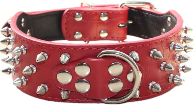 Serijoars Spiked Studded Dog Collar, PU Leather Dog Collar, Adjustable Pet Collars for Medium or Large Breed Pet (L, Red1)