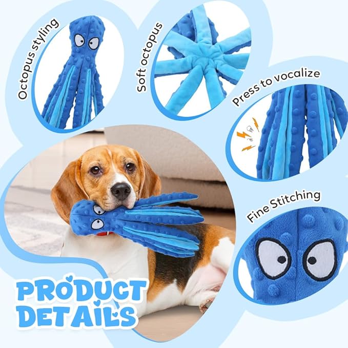 Octopus Dog Toys, No Stuffing Crinkle Dog Toys for Aggressive Chewers, Durable Interactive Chew Toys for Small, Medium and Large Dogs Training and Reduce Boredom (Blue)
