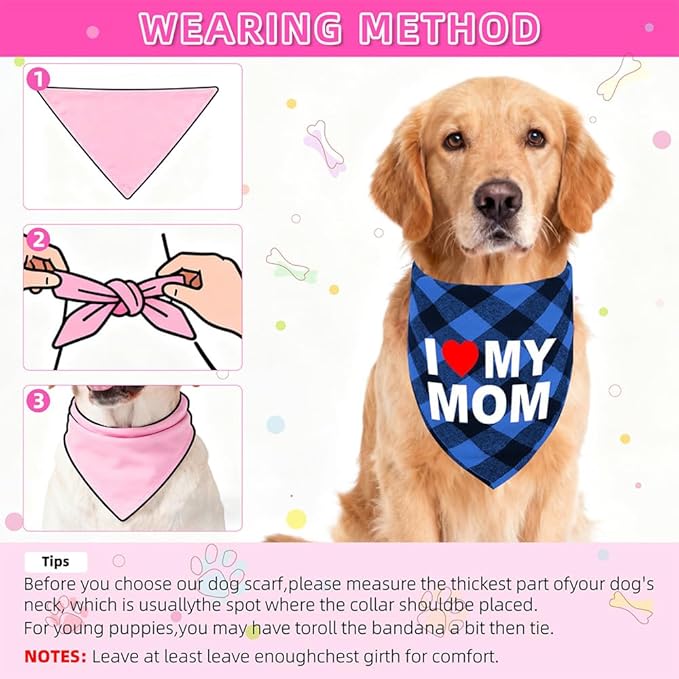 GreenJoy Cute Plaid Dog Bandana – Washable Pet Triangle Scarf for Small, Medium, Large Dogs and Cats, Adjustable Pet Accessory for Birthday, Wedding and Christmas (Blue (Mom), Medium)