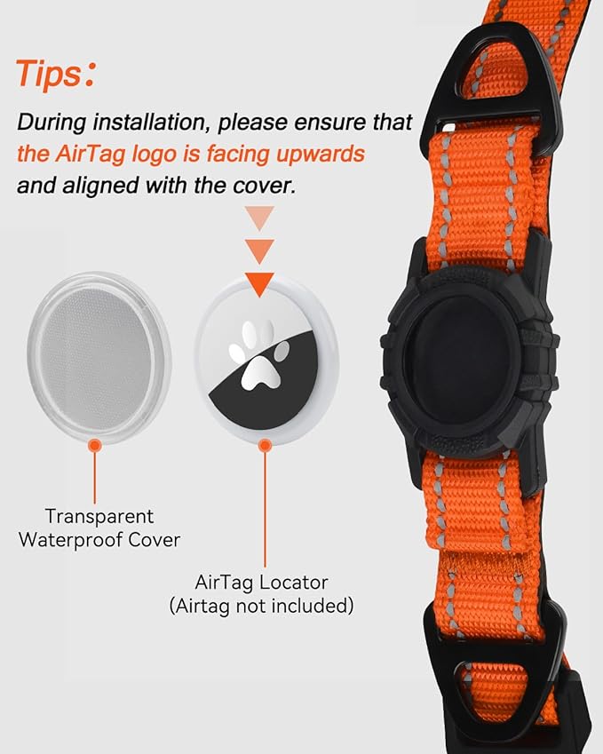 Joytale Airtag Dog Collar, Reflective Pet Collar with Waterproof AirTag Holder, Dual D-Rings, Soft Padded Adjustable for Small Dogs, Orange, S
