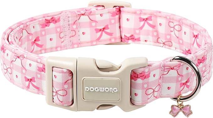 DOGWONG Pink Plaid Dog Collar-Cute Pink Bowtie Print Dog Collar, Adjustable Cotton Girl Female Pet Collar with Quick Release Buckle,M