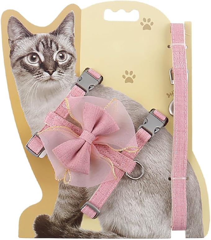 Adjustable Cat Harness with Leash and Bow-Tie, for Small to Medium Cats, Pink (Pink, S)