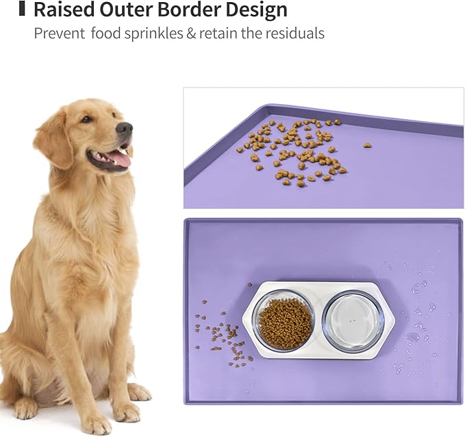 Dog Food Mat,Silicone Waterproof Food Tray,Non Slip Pet Bowl Mats Placemat,0.6" Raised Edge,Suitable for Most Small and Medium Sized Pets,24" x 16"