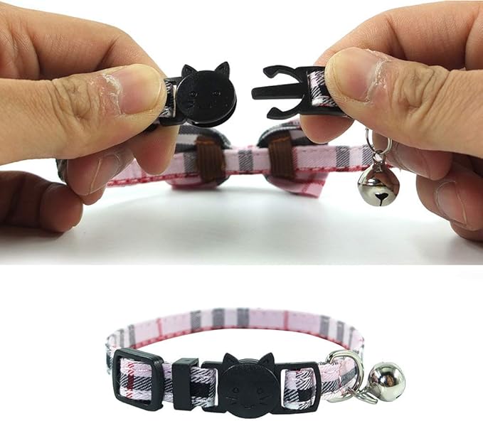 Cat Collar Breakaway with Bell and Bow Tie, Plaid Design Adjustable Safety Kitty Kitten Collars(6.8-10.8in) (Pink Plaid 1)