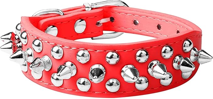 Spiked Dog Collar Soft Pu Leather Mushrooms Rivet Spike Studded Puppy Adjustable Pet Collars for Small Breeds (S, Red)