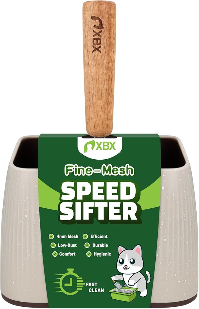 XBX Cat Litter Scoop with Holder – Metal Mesh Litter Scooper, Wooden Handle Fine Litter Scoop with Small Holes for Litter Box, Efficient Sifting and Easy Cleaning