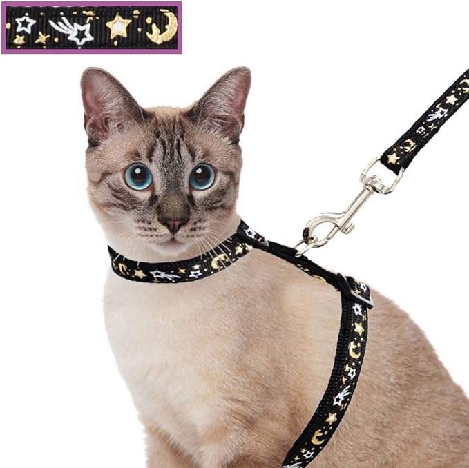 Cat Harness and Leash Set for Outdoor Walking Escape Proof Adjustable Soft Safety Strap with Golden Star and Moon Design Glow in The Dark Black XL