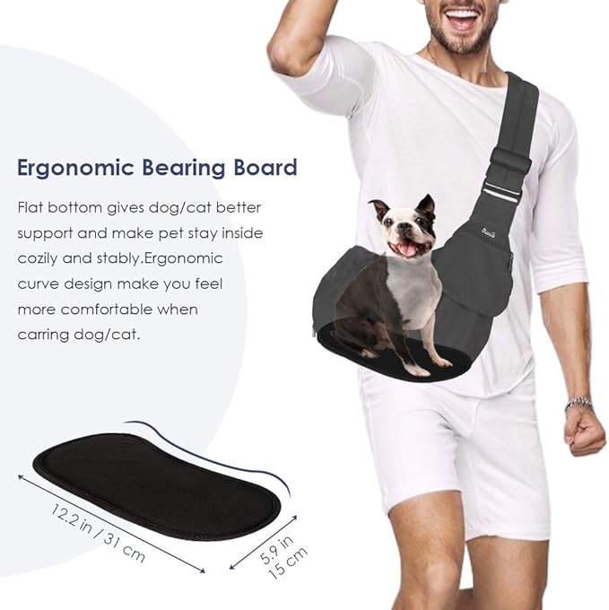 Lukovee Dog Sling Carrier, Hard Bottom Support & Adjustable Soft Padded Shoudler Strap Dog Slings for Small Dogs, Dog Purse with Drawstring Mesh Opening & Zipper Pockets for Puppy Cat Pet (Black-BN)