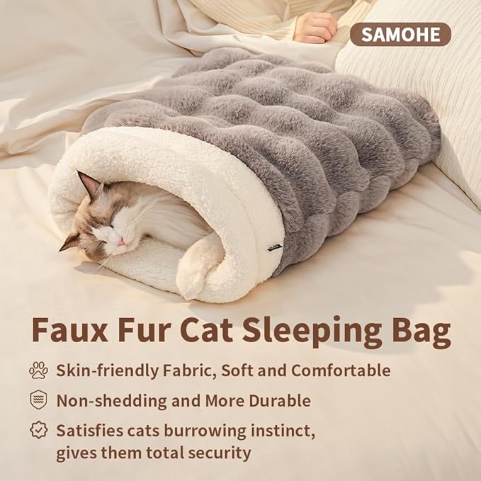 Self-Warming Cat Sleeping Bag, Enclosed Hooded Snuggle Sack with Dual-Side Plush Cat Cave Bed, Portable Foldable Pet Sleeping Pod for Indoor & Travel, Anti-Static, 21.7"x17.7"Green