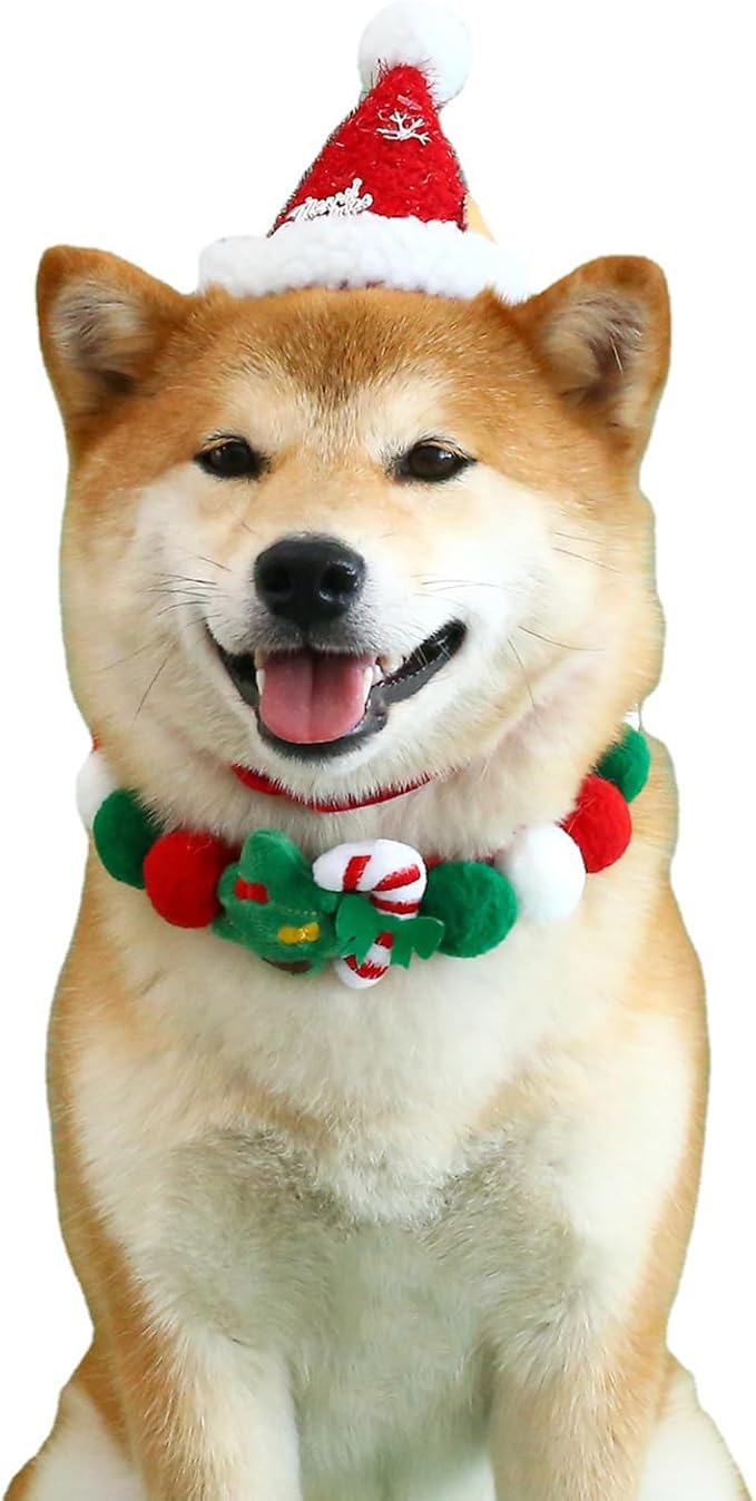 Lionheart glory Christmas Collar Pom-Pom Plush Ball Collar for Small Dogs Pet Christmas Costume Soft Funny Dog Collar Xmas Party Accessories Headgear