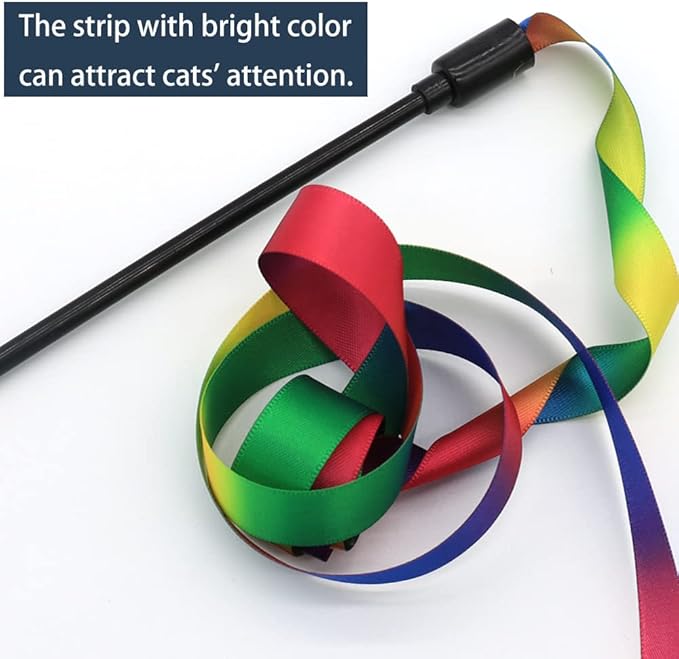 LASOCUHOO Interactive Cat Wand Toys Interactive Cat Teaser Wand String Ribbon Rainbow Charmer for Cats and Kittens - 2 Packs