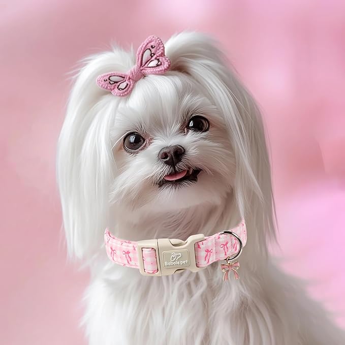 Girl Dog Collar for Small Dogs - Cute Pink Plaid & Bow Print Spring/Summer Puppy Collar, Soft Adjustable Holiday Female Dog Collars with Quick Release Buckle S