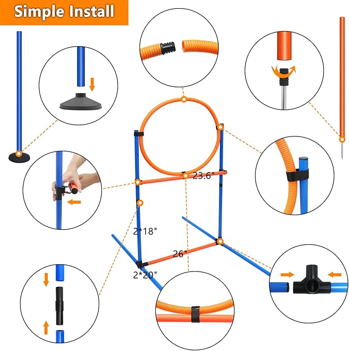 Premium Dog Agility Equipment Set Outdoor Indoor Game, Tire Jump + Hurdle Jump, Tunnel, Weave Poles, Pause Box, 2 Toy Balls, 2 Flying Discs, 1 Whistle, 1 Bag, Backyard Dog Training Obstacle Course Kit