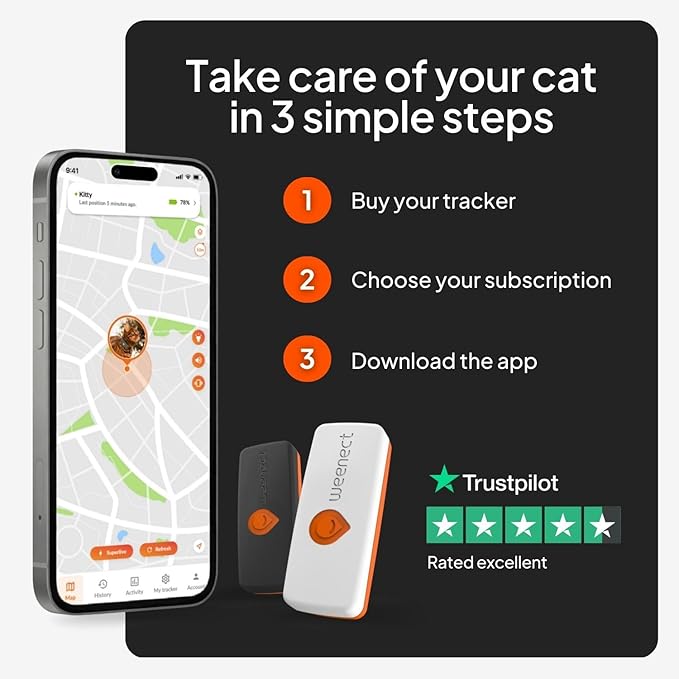 Weenect Cat XS - GPS Tracker for Cats | Real-time GPS Tracking | Smallest Model on The Market | Operates with a Subscription | Collar Included