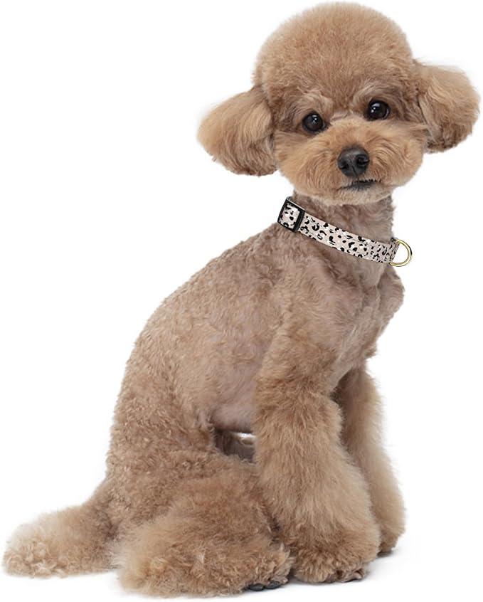 Reflective Dog Collar for Small Dogs, Cute Leopard Style Adjustable Heavy-Duty Nylon Puppy Collar for Boy and Girl Female, Soft Pet Accessories with Quick Release Buckle, Beige
