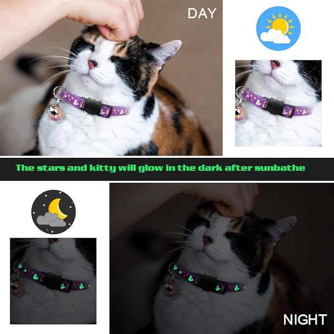 4PCS Cat Collar with Bells,Breakaway Cat Collars,Moons Stars Cute Kitty Adjustable Safe Kitten Collars Pendant Glow in The Dark,Cat Collars for Girl Cats 8.0-13.0 Inch(Black&Purple&Pink&Teal)