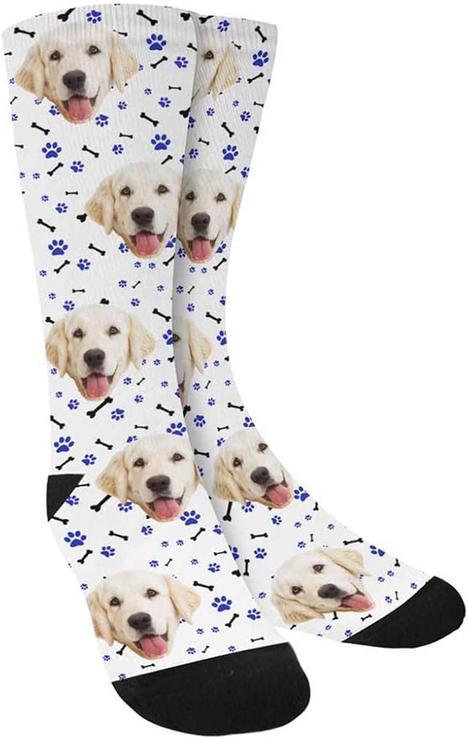 MyPupSocks Custom Personalized Photo Pet Face Socks, Cat and Dog Tracks Paws Bones Crew Socks with Picture for Men Women