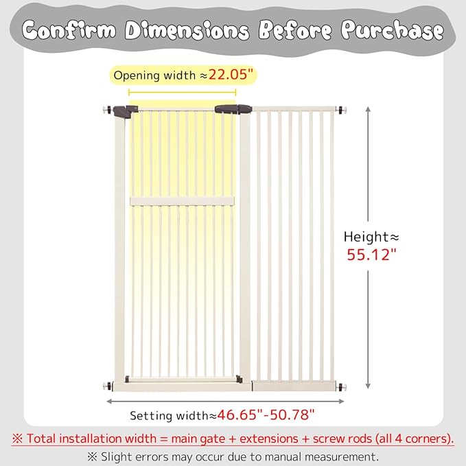 Lumizone Extra Tall Pet Gate 55.12" High Pressure Mounted 46.65"-50.78" Extra Wide (9 Sizes) 1.37" Gap for Cat Dog Stairs Doorway Hallway No Drilling Auto-Close (46.65"-50.78" W, Cream White)