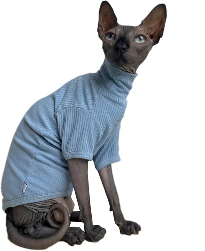 Sphynx Hairless Cats Shirt Cotton Cat Turtleneck Sweater Pullover Kitten T-Shirts with Sleeves Cat Pajamas Jumpsuit for Sphynx Cornish Rex, Devon Rex, Peterbald (Sky Blue, XX-Large (Pack of 1))