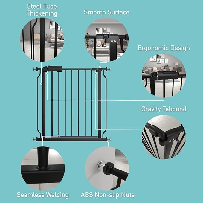 WAOWAO Baby Gate 76.38-81.10" Extra Wide Pressure Mounted Walk Through Swing Auto Close Safety Black Metal Toddler Kids Child Dog Pet Puppy for Stairs,Doorways,Kitchen