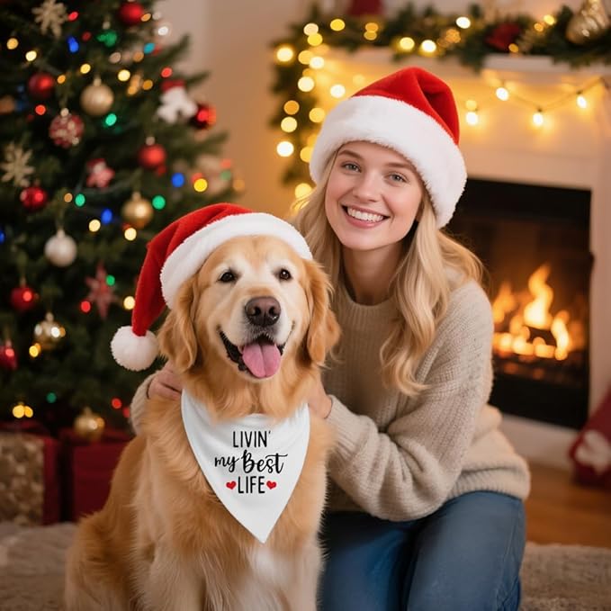 Livin' My Best Life White Dog Bandana, Sunshine Dog Bandanas Accessories for Photo Outdoor Playtime and Birthday Party, Christmas Thanksgiving Gifts for Pet Owner Puppy Mom Dad Pet Lover