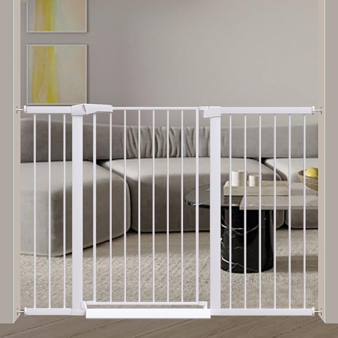 Fairy Baby 38" Extra Tall Dog Gate for Stairs and Doorways, 54.4"-57.0" Extra Wide Pet Gate, Metal Auto Close Safety Child Gate, Pressure Mounted Dog Gate No Climb Fence for Kid or Pet, White