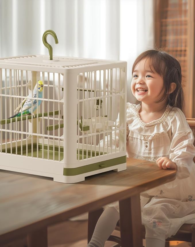 Travel Bird Cage Bird Travel Carrier Ornamental Birdcages Features Standing Pole Detachable Tray & Hook Handle for Parakeets (Green)