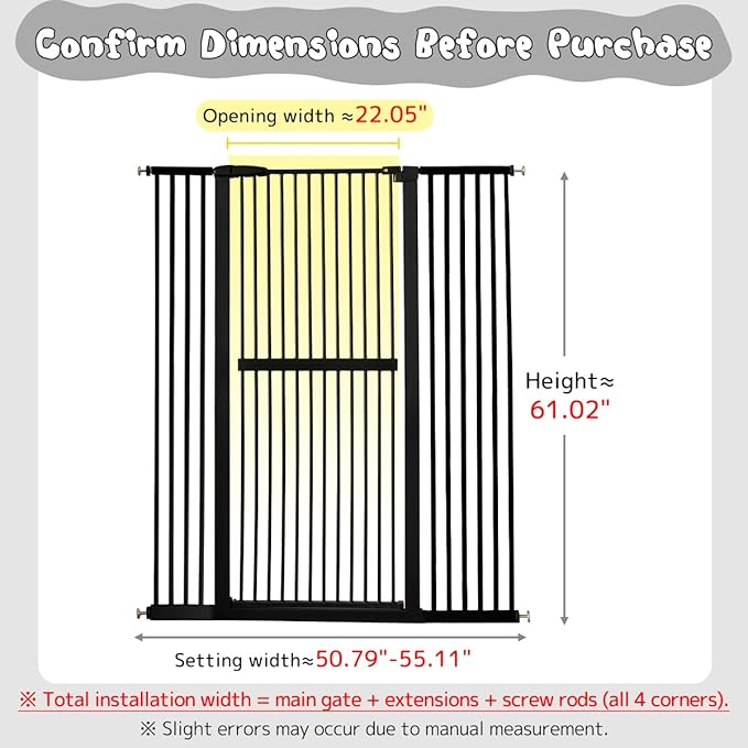 Lumizone Extra Tall Cat Gate 61.02" High Pressure Mounted Extra Wide 50.79"-55.11" (17Sizes) 1.37" Gap No Drilling Auto-Close Tall Pet Gate for Dogs (Black, 50.79"-55.11" W)