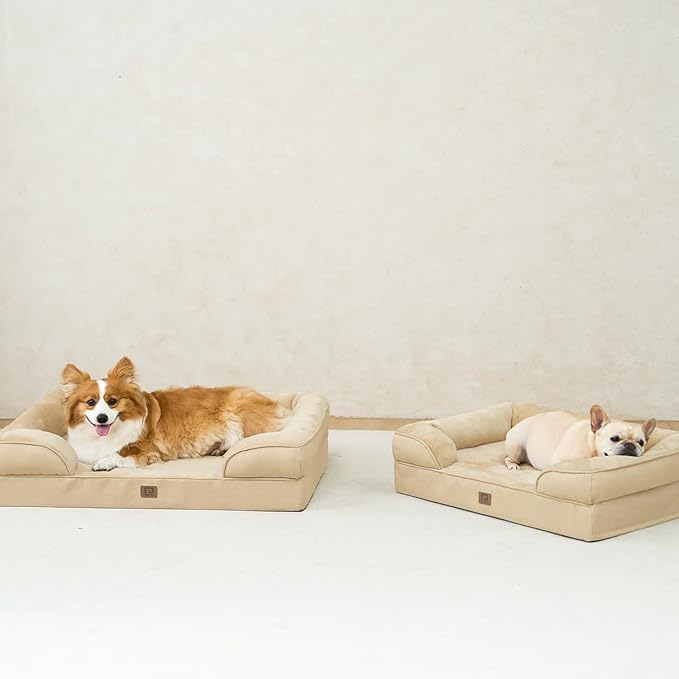 EHEYCIGA Orthopedic Dog Bed for Medium Dogs, Waterproof Memory Foam Medium Dog Beds with Sides, Non-Slip Bottom and Egg-Crate Foam Pet Couch Bed with Washable Removable Cover, Greige
