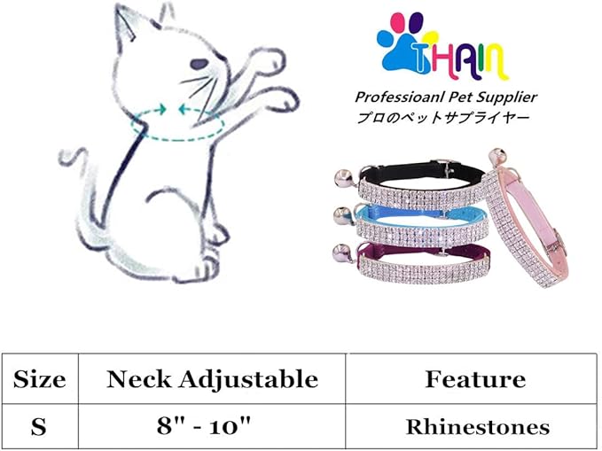 THAIN Rhinestones Cat Dog Collar Soft Velvet Safe Adjustable Collar Bling Diamante with Bells, 8-11 inch for Small Dogs and Cats (Purple)