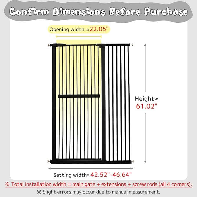 Lumizone Extra Tall Cat Gate 61.02" High Pressure Mounted Extra Wide 42.52"-46.64" (17Sizes) 1.37" Gap No Drilling Auto-Close Tall Pet Gate for Dogs (Black, 42.52"-46.64" W)