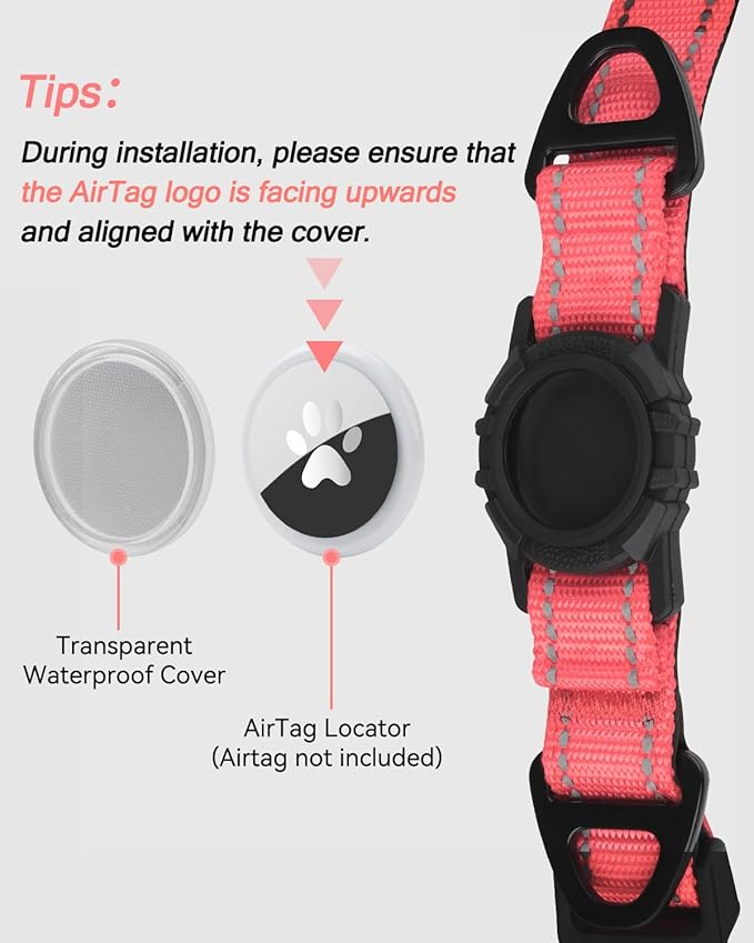 Joytale Airtag Dog Collar, Reflective Pet Collar with Waterproof AirTag Holder, Dual D-Rings, Soft Padded Adjustable for Medium Dogs, Neon Pink, M