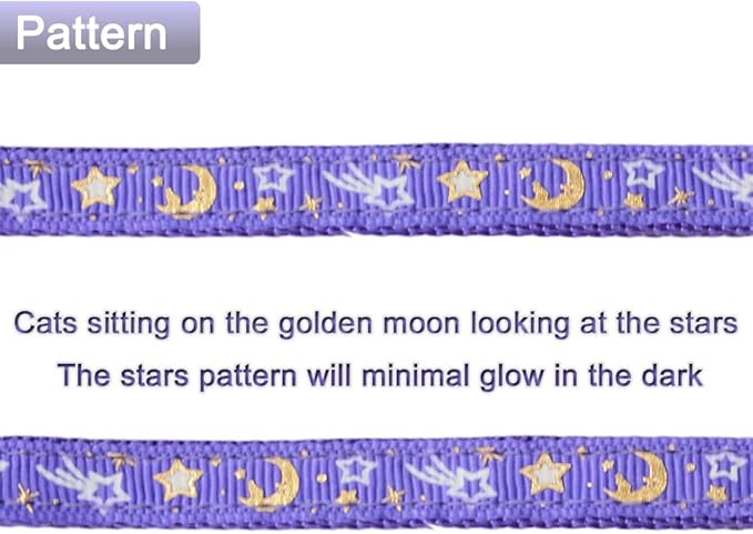 Cat Harness and Leash Set for Outdoor Walking Escape Proof Adjustable Soft Safety Strap with Golden Star and Moon Design Glow in The Dark Purple Medium