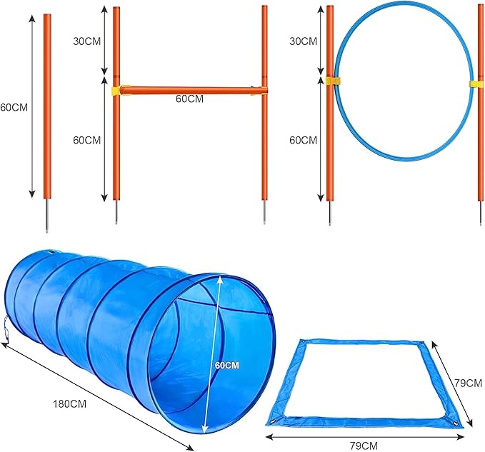 XiaZ Dog Agility Course Backyard Set, Dog Obstacle Course Training Starter Kit Pet Outdoor Game with Tunnel, Agility Hurdle, Weave Poles, Jump Ring, Pause Box, Collapsible Dog Bowls and Storage Bag